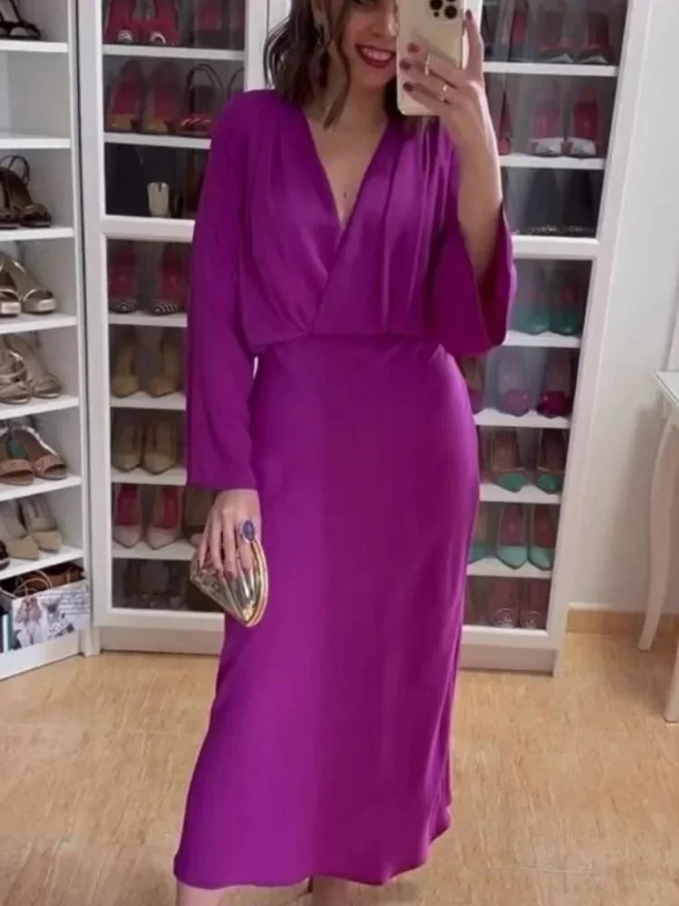 Purple Satin Long Dress Women Elegant Fashion Flare Long Sleeve Slim Party Dresses Autumn Winter Sexy V-neck Maxi Dress 2024