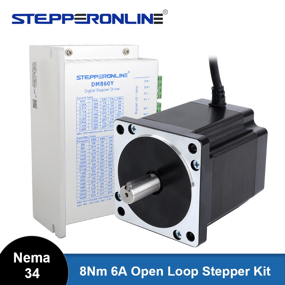 STEPPERONLINE Nema 34 Open Loop Stepper Motor 8N.m 6A & Driver Kit 2.4-7.2A AC18V-80V/DC 36V-110V for CNC Milling Machine