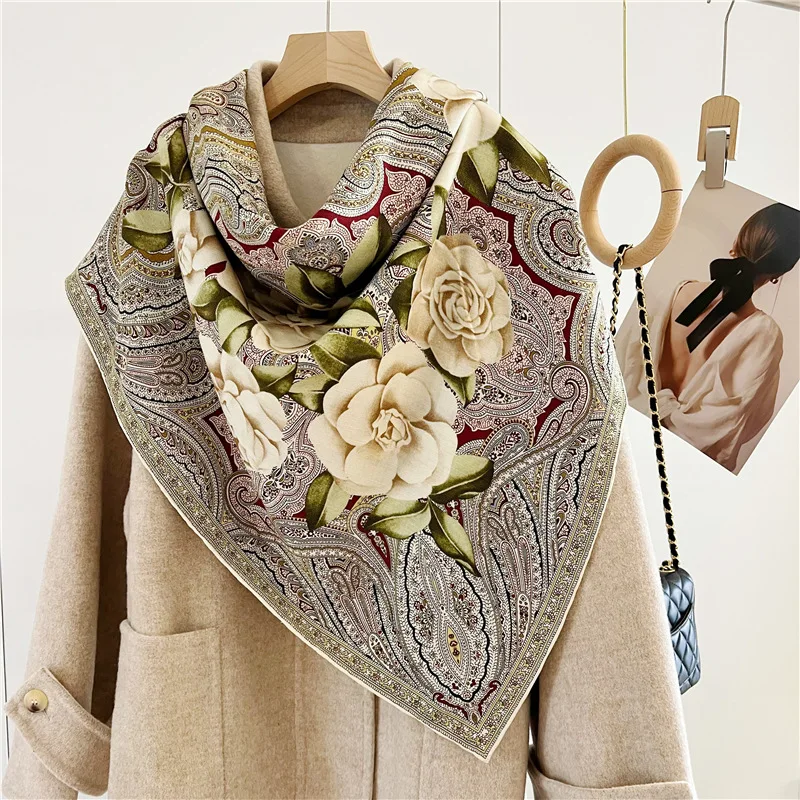 Double Printing Wool Silk Scarf Handrolled Edges Shawls Warm Soft Pashmina Oversized Foulard Wrap Stole Christmas Gift