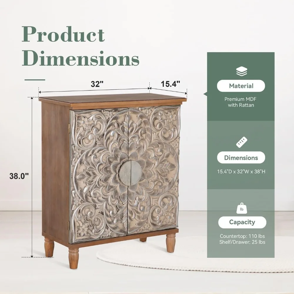 Wood Accent Storage Cabinet with 2 Doors, Vintage Buffet Sideboard Embossed Pattern Decorative Cabinet for Entryway Din