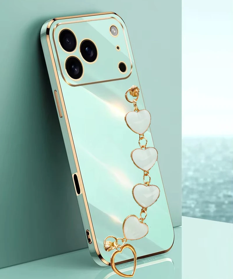 

Fashion Plating Love Heart Bracelet Chain Phone Case For iPhone 17 Air 16 16E 15 14 Plus 13 12 Mini 11 Pro Max Back Cover