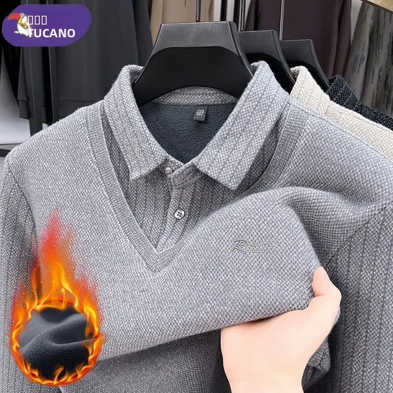 

Thiened Fce Lined irt Collar Sweater Men's Warm Knitted Wear Casual Sle Mid-aged Dad Clothes Fake Two-Piece Sle