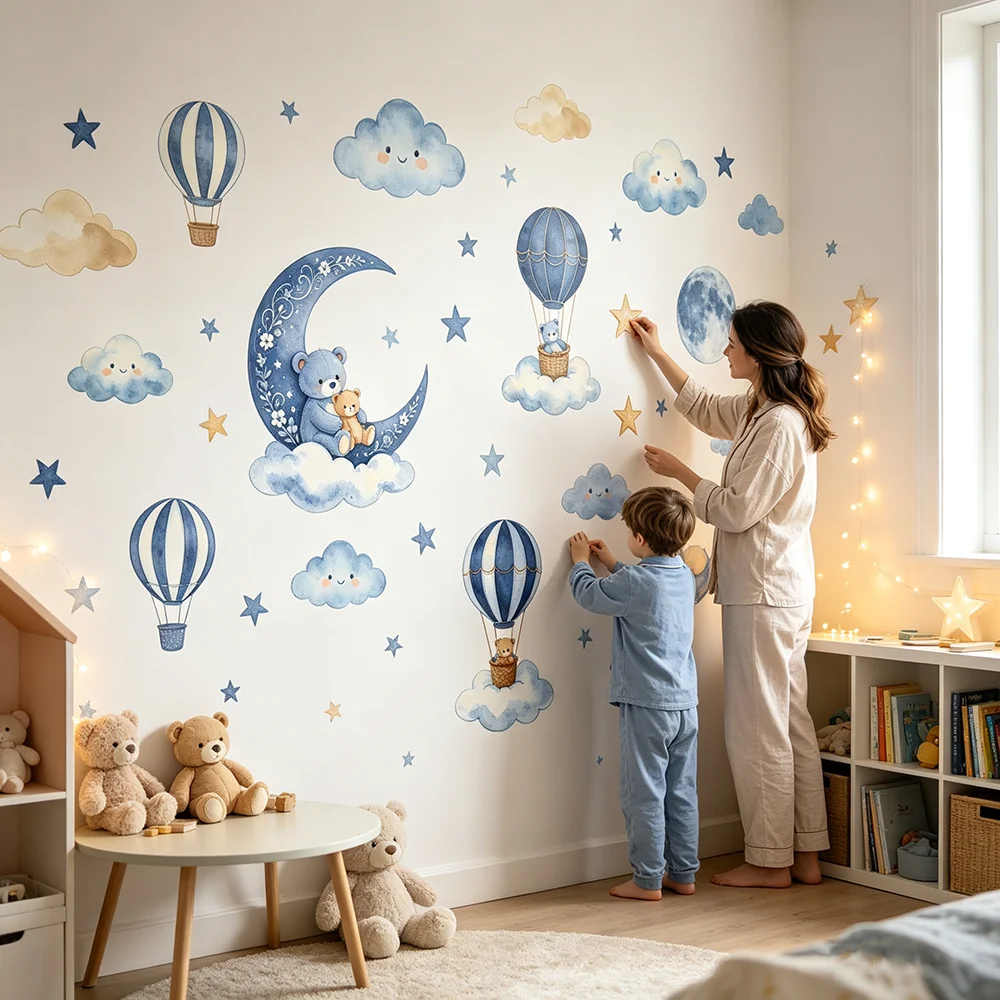 Cute Bear Moon Star Wall Stickers For Children's Room Girls Boys Baby Kids Room Decoration Cartoon Animal Wallpaper Vinyl Decals