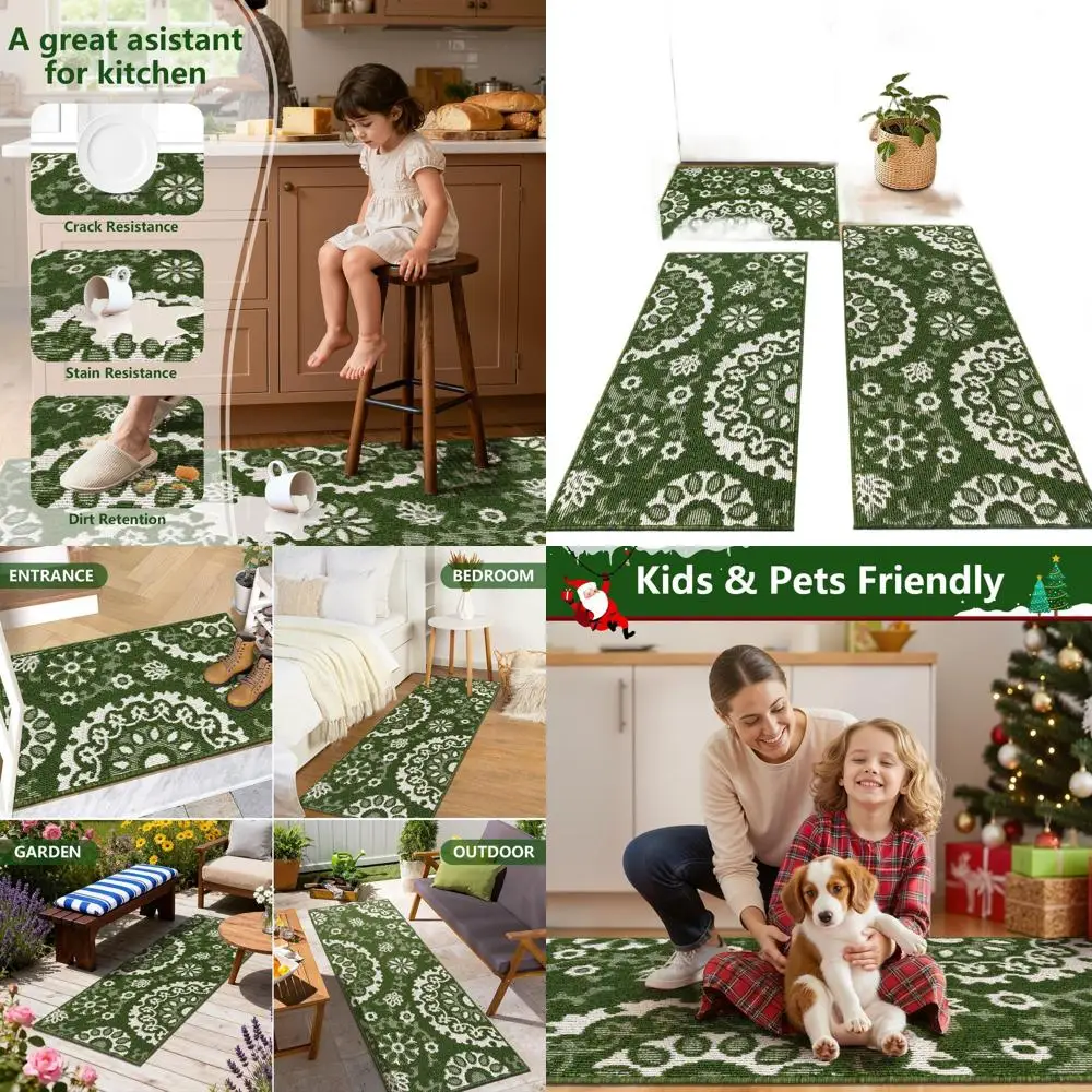 

3-Piece Non-Slip Washable Kitchen Mat Set, Green, for Armhouse, Entryway, Hallway, Laundry