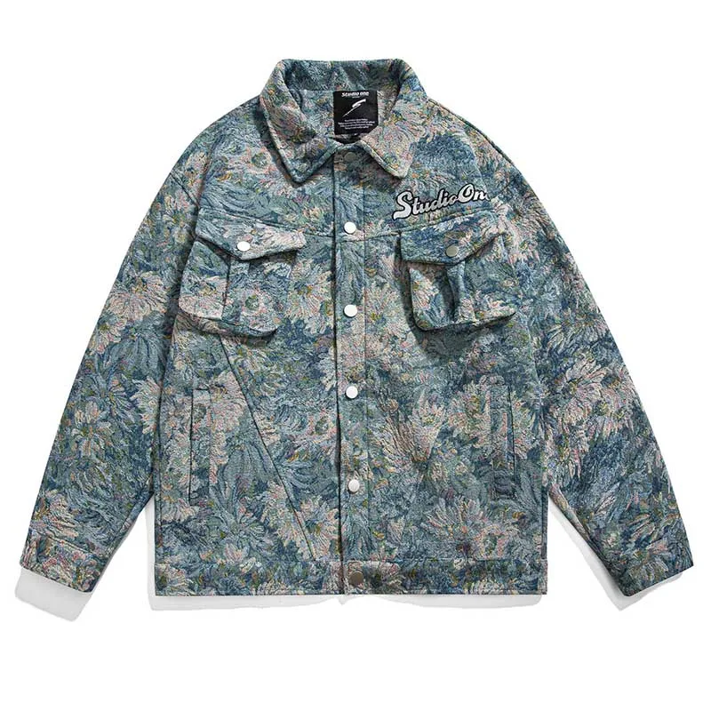 Hip Hop Flower Pattern Jackets Coats Men Harakuju Streetwear Loose Outwear Coats Vintage