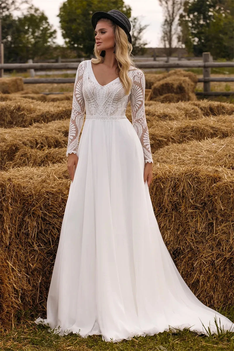 

Simple Elegant Wedding Dresses For Woman V-neck Long Sleeves New 2023 Bridal Gown Sweep Train For Women Custom Made To Measure