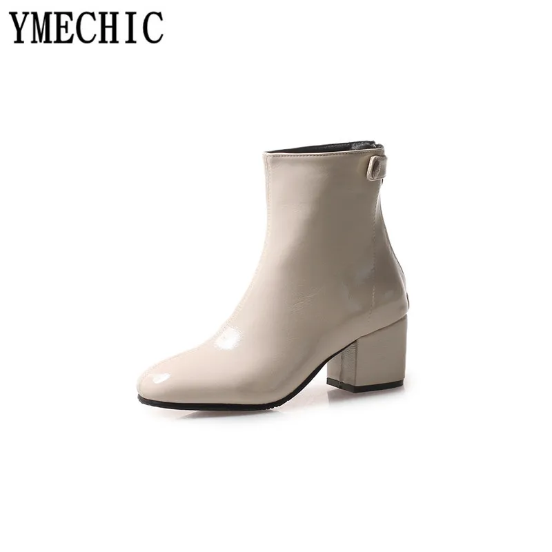 YMECHIC 2023 Autumn Winter Pu Patent Leather Ankle Short Womens Boots Black Red Beige Plus Size Block High Heels Ladies Shoes