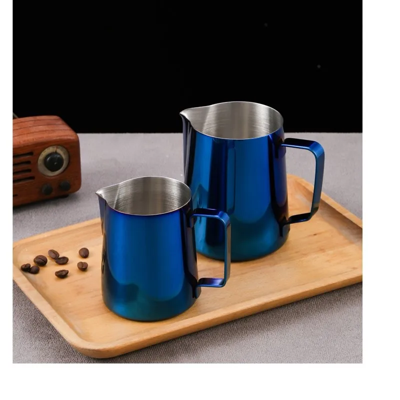 304 Stainless Steel Milk Frothing Pitcher Coffee Milk Foam Jar Coffee Milk Foam Can Coffee Shop Latte Accessories Blue And Gold