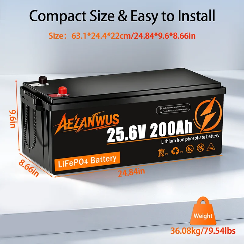 24V 200Ah LiFePO4 Lithium Battery Built-in 200A BMS 5.12kWh Capacity 15000 Cycles for RV Home Backup Energy Solar Off-grid System