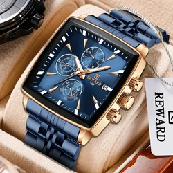 REWARD Men's Fashion Quartz Watches Rose Gold Blue Rectangle Wristwatches Luminous Hands Classic Business Watches Clock Male