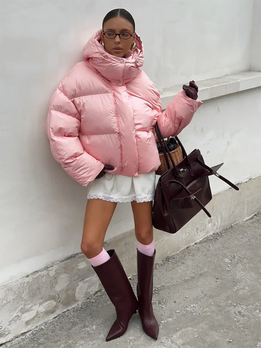 

Women's New Winter 2025 Pink Parkas Hooded Cotton Padded Jacket Thickened Bread Coat Warm Outerwear
