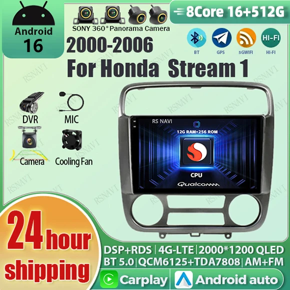 Android 16 wifi+4G Carplay AUTO Car Radio For Honda Stream 1 2001-2004 Navigation GPS Video Player Stereo Multimedia DVD HU