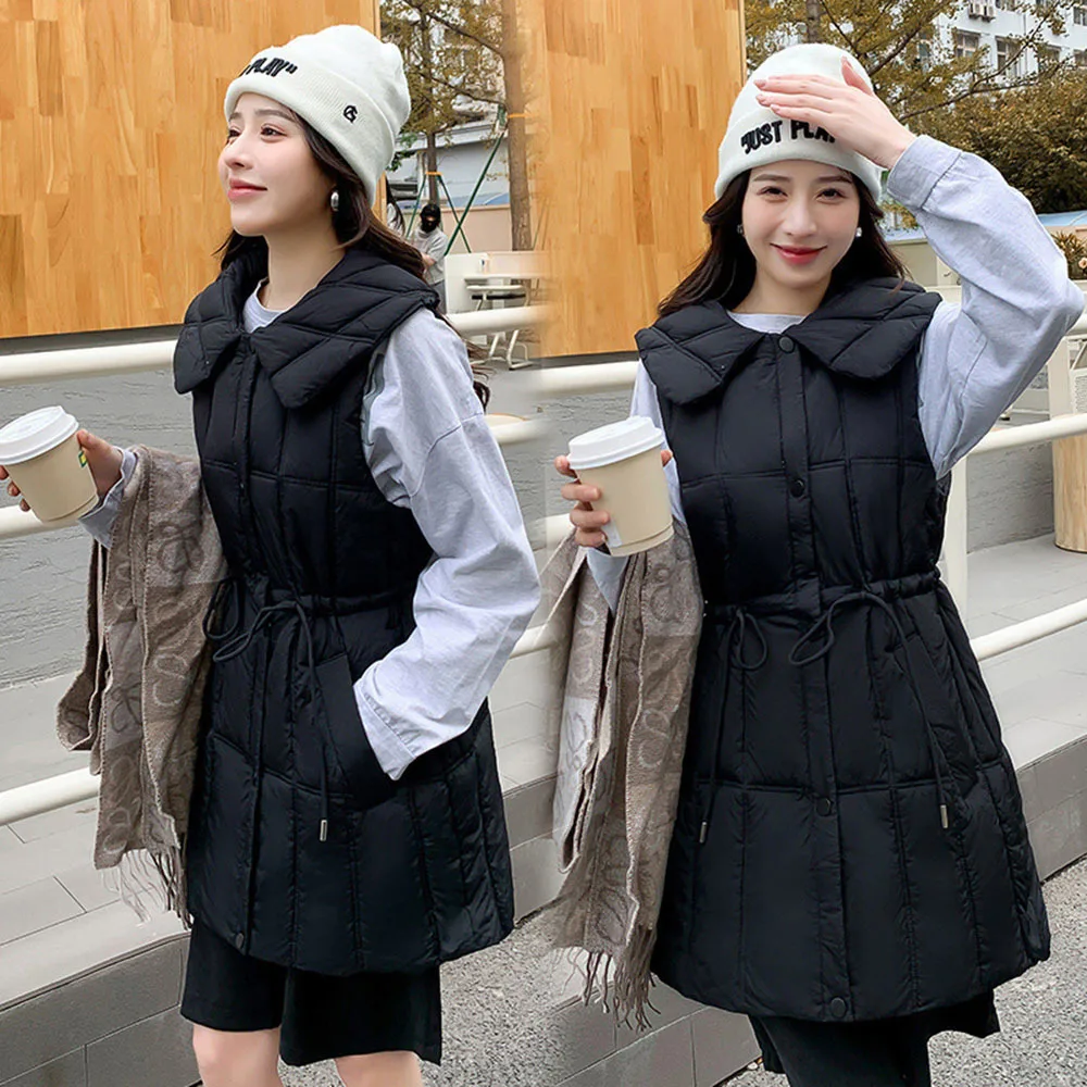 Autumn Winter Women Down Cotton Vest Coat Lady Turn-Down Collar Snow Drawstring Top Female Sleeveless Jacket Waistcoat Outerwear