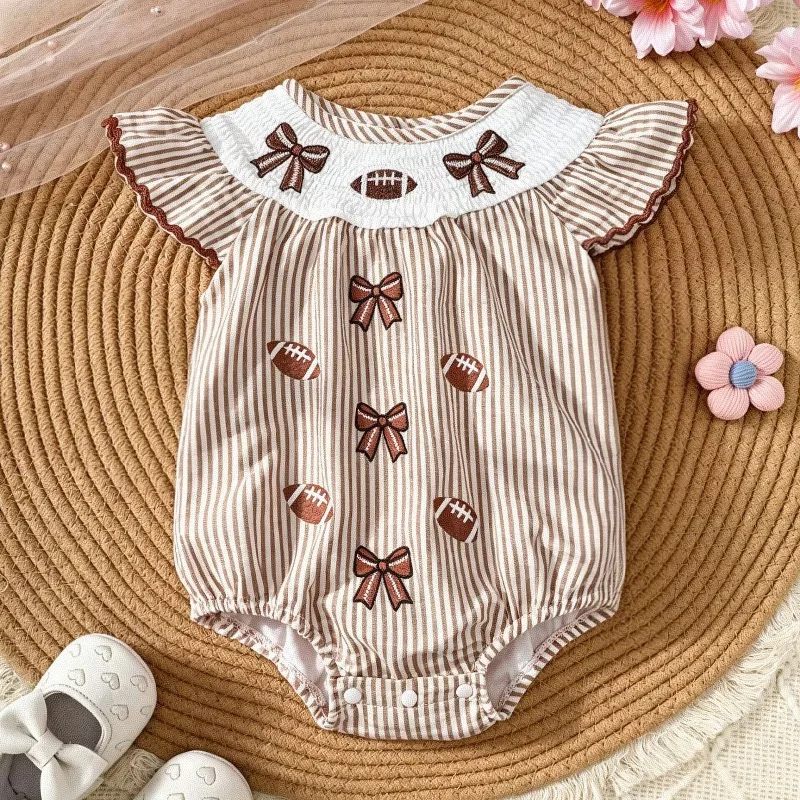 Newborn Baby Girls Football Bubble Romper Striped Ruffled Sleeve Bodysuit With Bow And Rugby Ball Embroidery Outfit 0 24M
