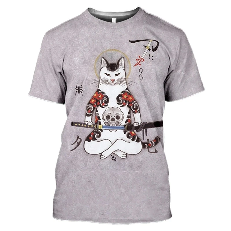 Japanese Kong Fu Cat Tattoo T-shirt Men Women 3D Printed Animal Harajuku T Shirts Streetwear Hip Hop Popular Fashion Soft Top