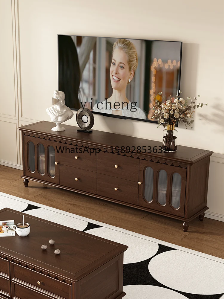 zzz ZC TV Cabinet and Tea Table Complex Combination Ancient Solid Wood High Living Room Storage Cabinet Walnut
