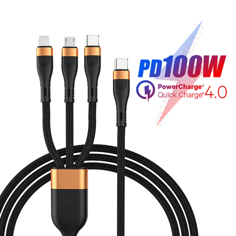 PD 100W 3in1 USB C Cable for iPhone 14 13 12 Pro Max QC4.0 3.0 Fast Charging Type C Cable for Macbook Pro Huawei Samsung Xiaomi