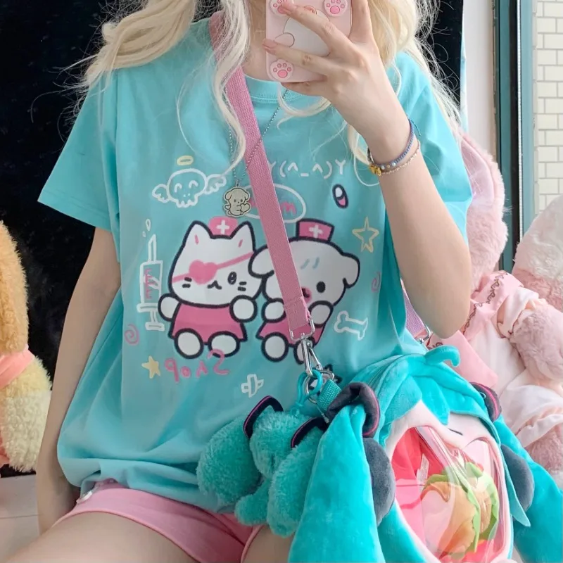 Cartoon Print Cute Loose T-shirt Loose 2024 Y2k Kawaii Japanese Sweet Oversized Summer Tops  Women Harajuku Casual Tees