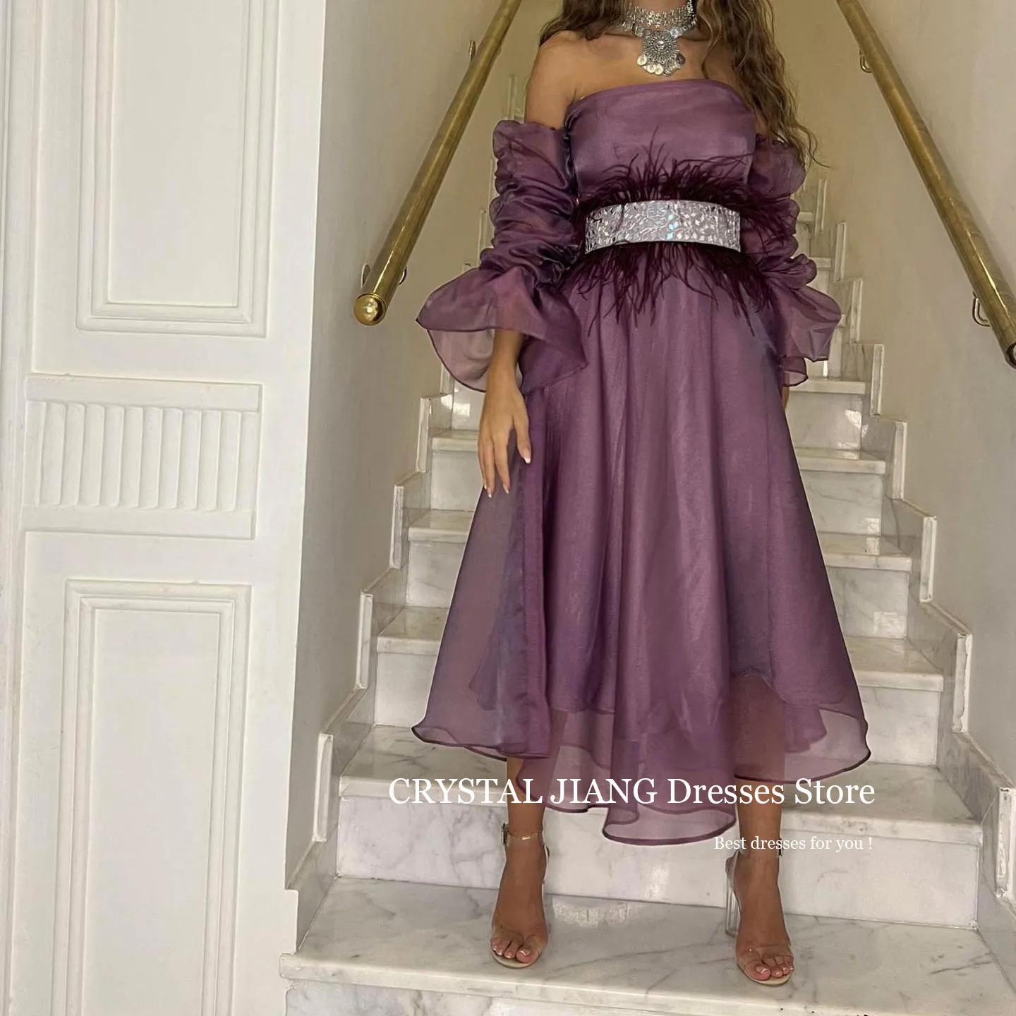 Sexy Short Purple Off the Shoulder Tulle Evening Dresses Puffy Full Sleeves with Feathers A Line Tea Length вечернее платье