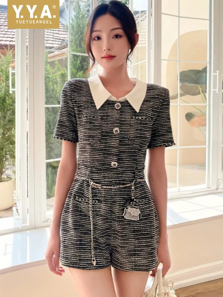 Elegant Women Elastic Gray Striped Rompers Office Summer Short Sleeve Spliced Lapel Slim Fit High Waist Single Breasted Playsuit