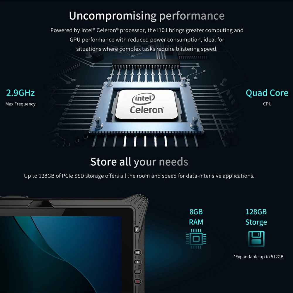 كمبيوتر لوحي متين 10 بوصة 1 تيرابايت Windows 11 Pro IP65 4G WiFi بصمة RJ45 NFC RS232 MIL-STD-810H مع ماسح ضوئي ثنائي الأبعاد