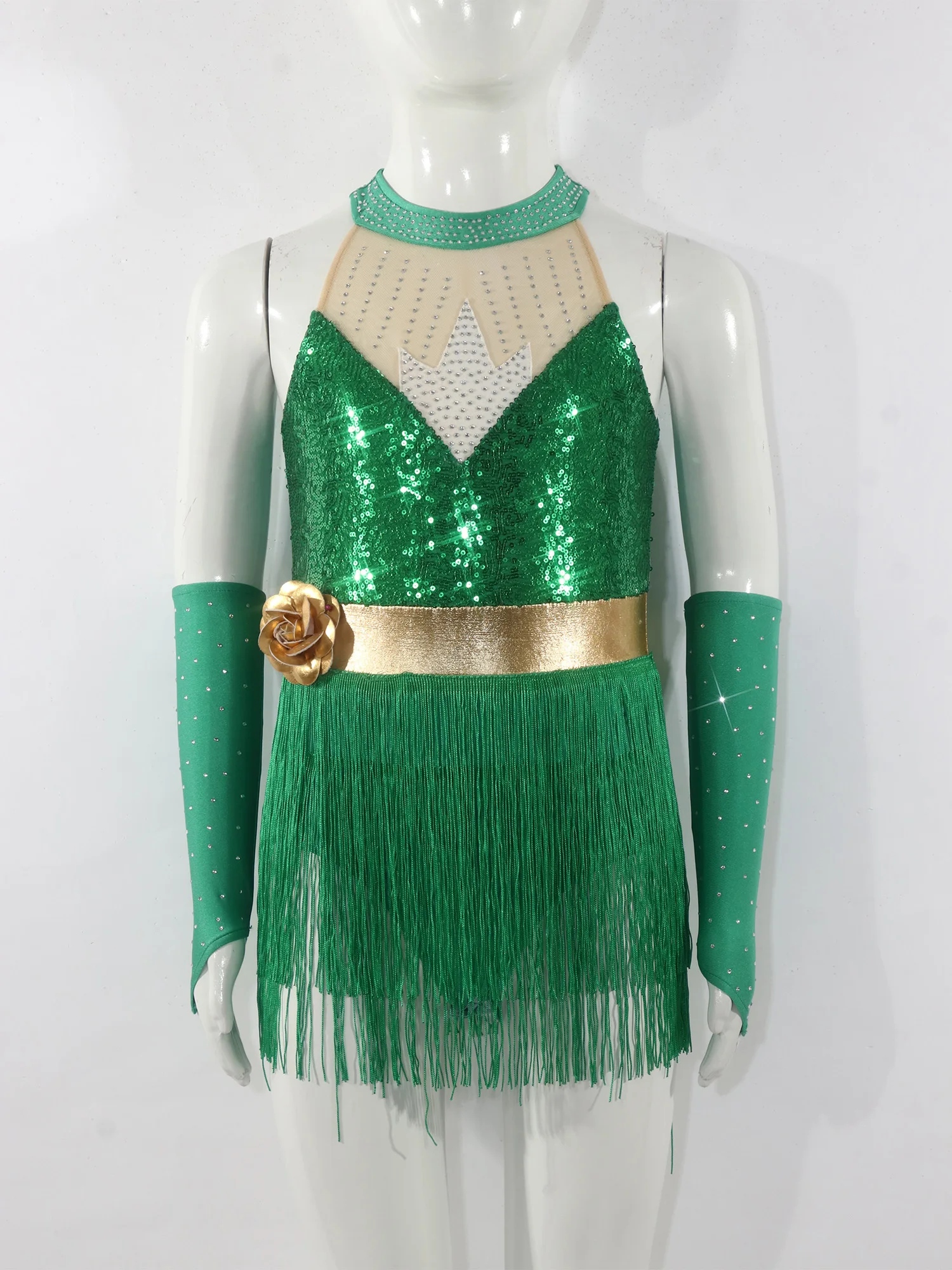 Girls Shiny Sequin Latin Jazz Dance Dress Sheer Mesh Tassel Hem Skating Ballet Leotards with Gloves Stage Performance Dancewear