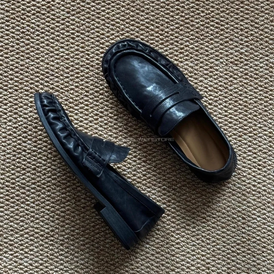 Men Vintage Square Toe Wrinkled Penny Loafers Slip On Casual Dress Shoes Soft Leather Lazy Driving Shoes Daily Wear Derby Shoes