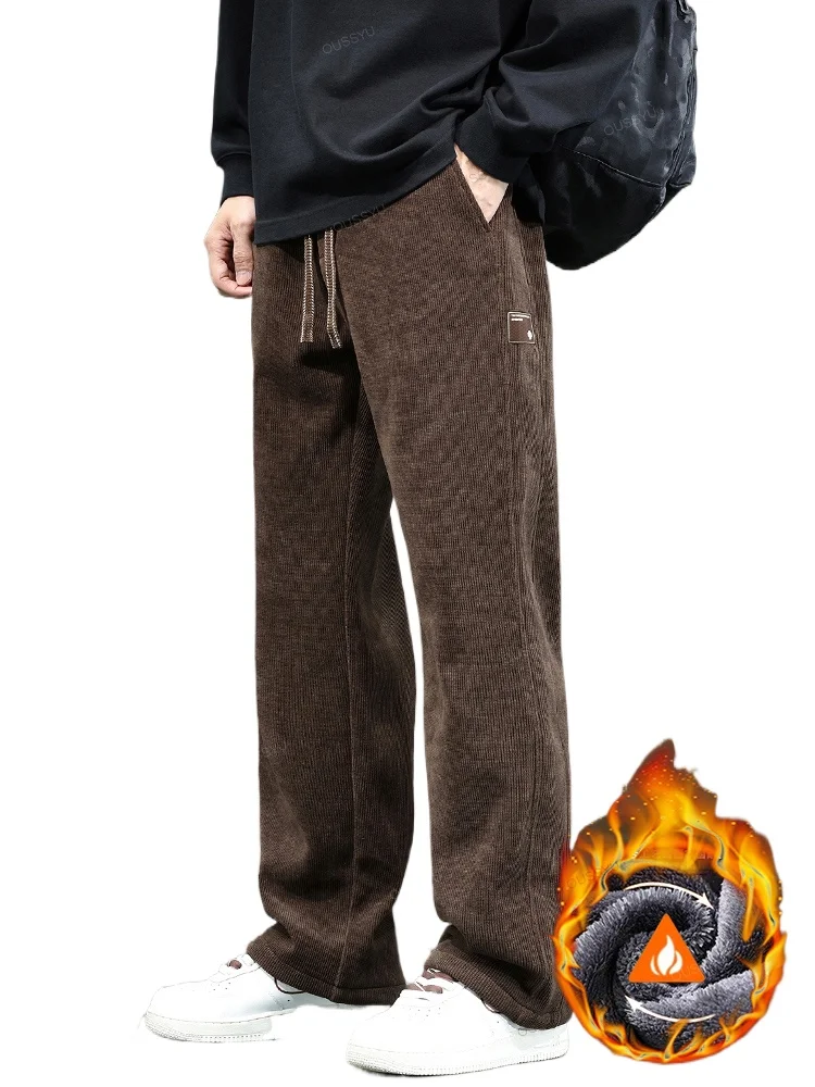 

Brand Clothing Winter Fleece Warm Corduroy Pants Men Outdoors Thick Velvet Flocking Plush Korea Casual Trousers Male Gift