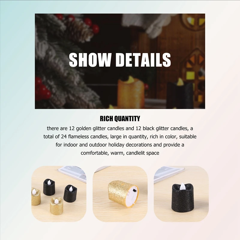 ●24 Packs Gold Flameless Votive Candles Black Glitter LED Tealights Battery Operated Tea Lights Warm Yellow Light Holder-A57M