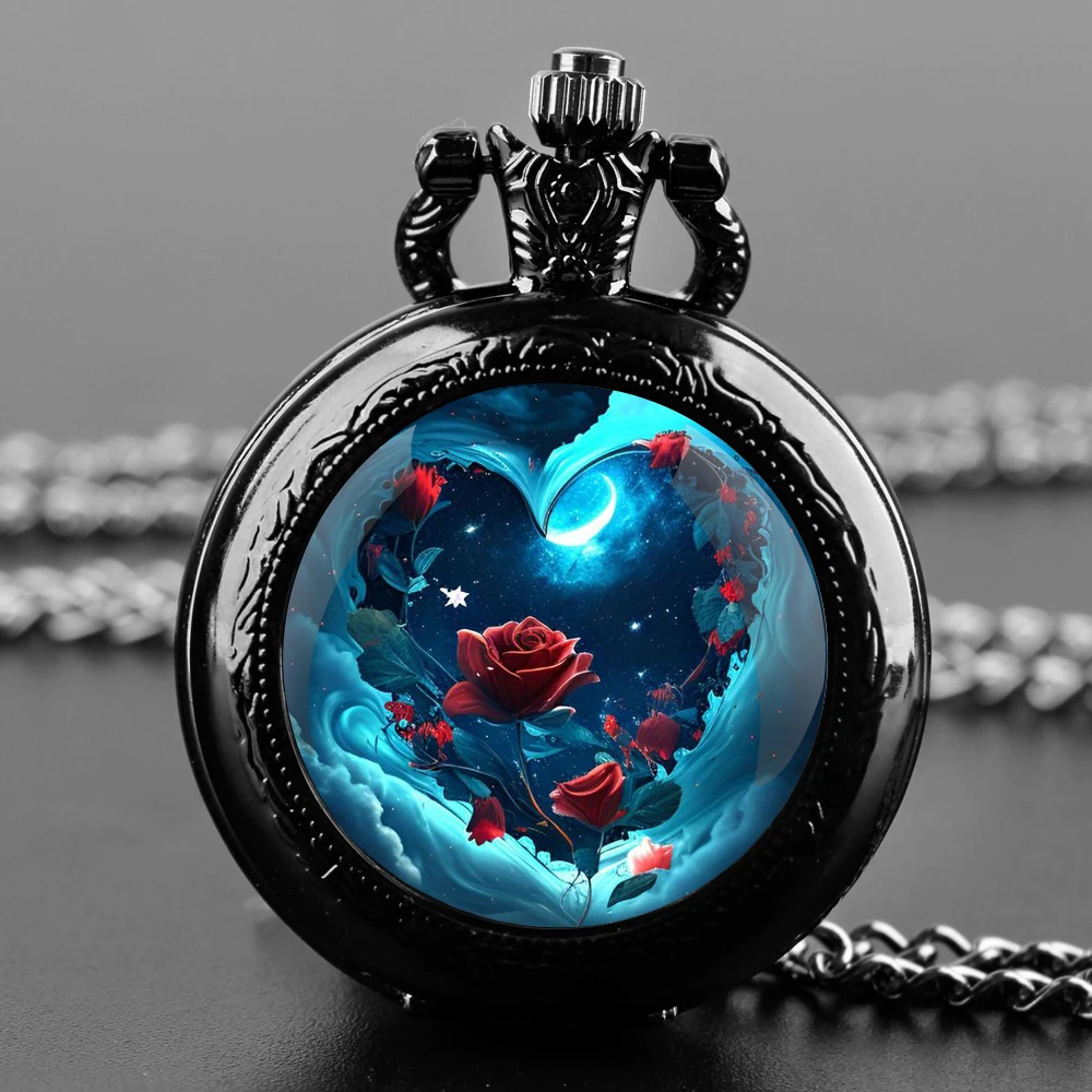 Rose In Love Design Glass Dome Quartz Pocket Watch With Durable Chain Arabic Numeral Dial For Men And Women Creative Gifts