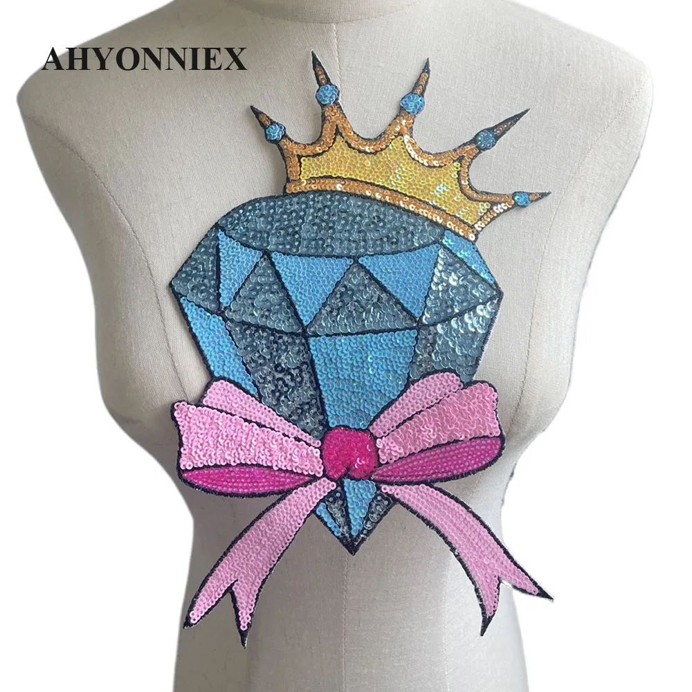 1 Piece Blue Diamond With Bow Crown Sequins Embroidery Patches For Clothing Sticker Appliques Iron On Patches