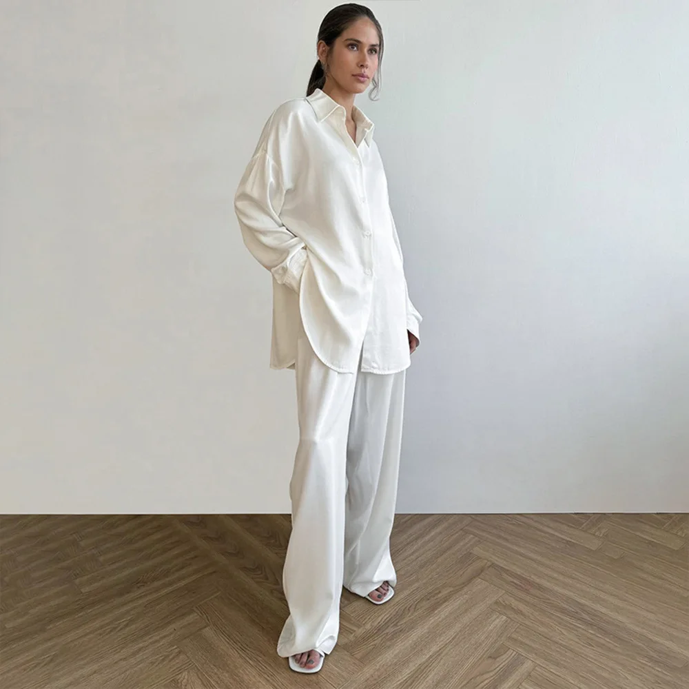 

Spring Long Sleeve Shirts With Loose Trousers 2-Piece Sets Home Elegant Two Piece Pant Suit White Satin Pajamas Casual Autumn