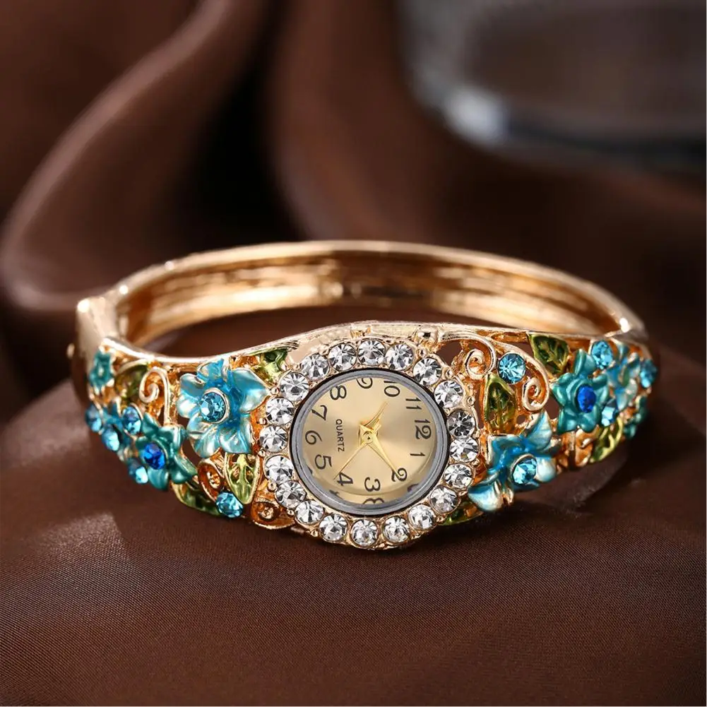 

Stylish Ladies Timepiece Elegant Ladies Floral Bangle Watch with Rhinestone Accents Sparkly Round Dial Quartz Wristwatch Stylish