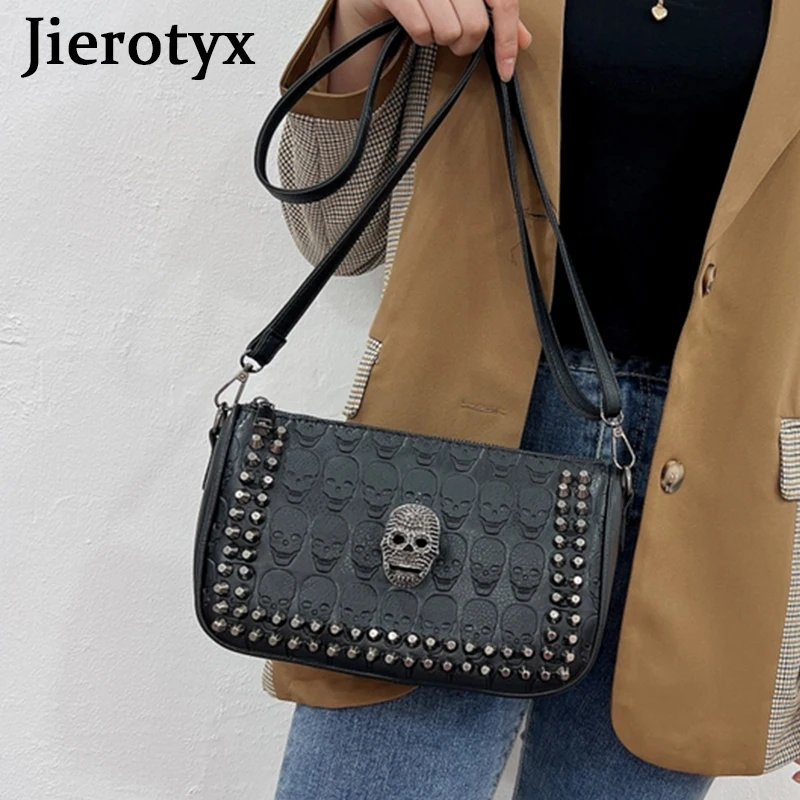 JIEROTYX Studded Skull Bags Punk Style Crossbody Bag Women Vegan Faux Leather Messenger Shoulder Bag Womens Handbags Rivet