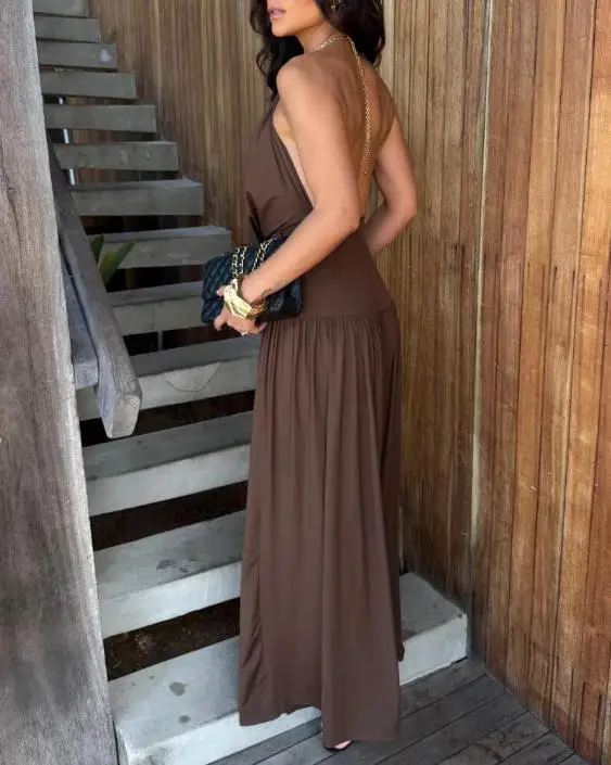 

2026 New Women's Trouser Set: Fashionable, Elegant, Sexy Backless V-Neck Top with Pleated Wide Legs 2-Piece Set