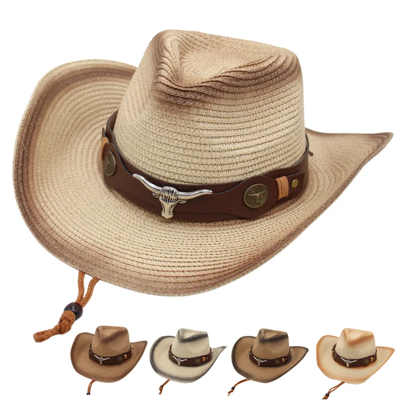

Vintage Western Cowboy Straw Hat Outdoor Sun Hat with Bull Head Accent, Breathable Woven Design & Windproof Strap for Men Women