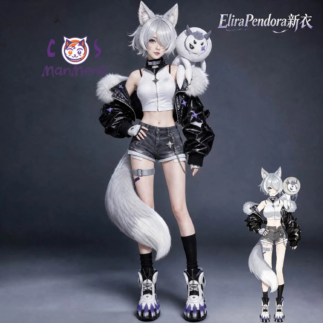 Nijisanji EN Elira Pendora Virtual Idol Cosplay Costume New Outfit Fashion leather coat denim shorts headwear Halloween uniform view 2