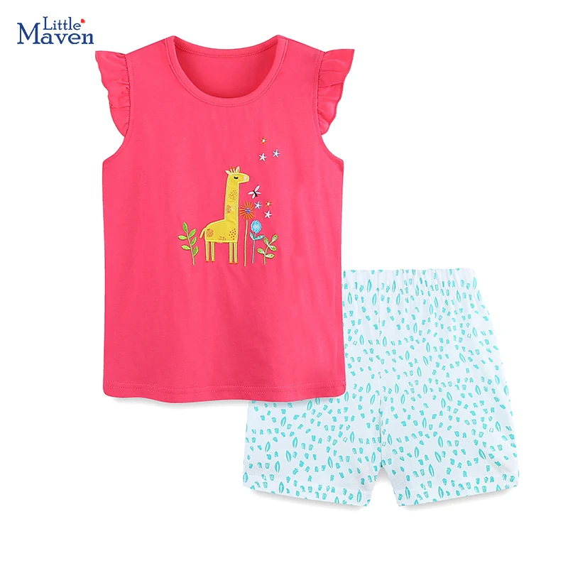 Little maven Baby Girls 2025 New Tracksuit Summer Cotton Children's Clothing Sets Cartoon Giraffes Tops+Pants Kids Clothes