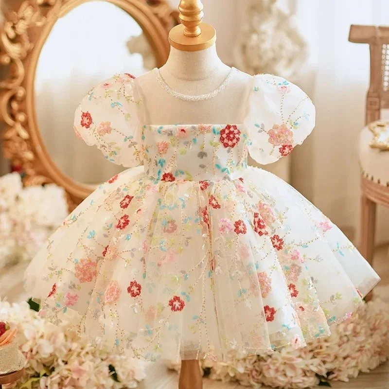 Boutique Kids Wedding Sequins Flower embroidery summer Girl Dress Princess tutu birthday Party Pageant Gown For Children Dresses