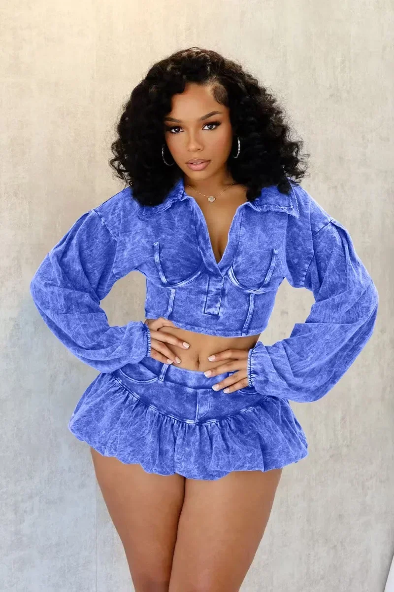 

GUWU Women's Set Full Sleeve Washed V-neck Tops and Mini Skirts Fall Casual Active Two 2 Piece Sets Outfits Tracksuit Underwear