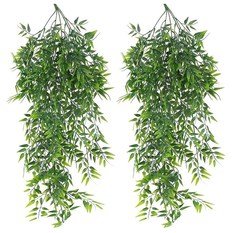 2 Pack Hanging Artificial Plants Bamboo Faux Hanging Bamboo Leaves Weeping Drooping Plant For Indoor Outdoor Wall Home