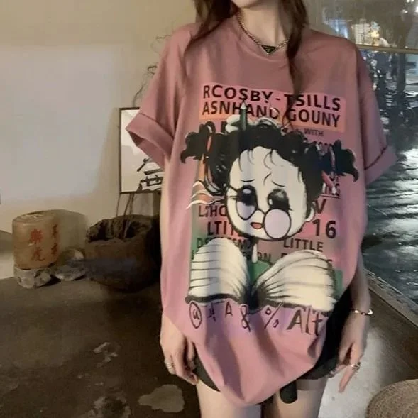 

XL4XL 50KG Cartoon Girls Tirts for Women Summer Print Seven Sve Women's Faion Tops Quali Material Comfortable Fit