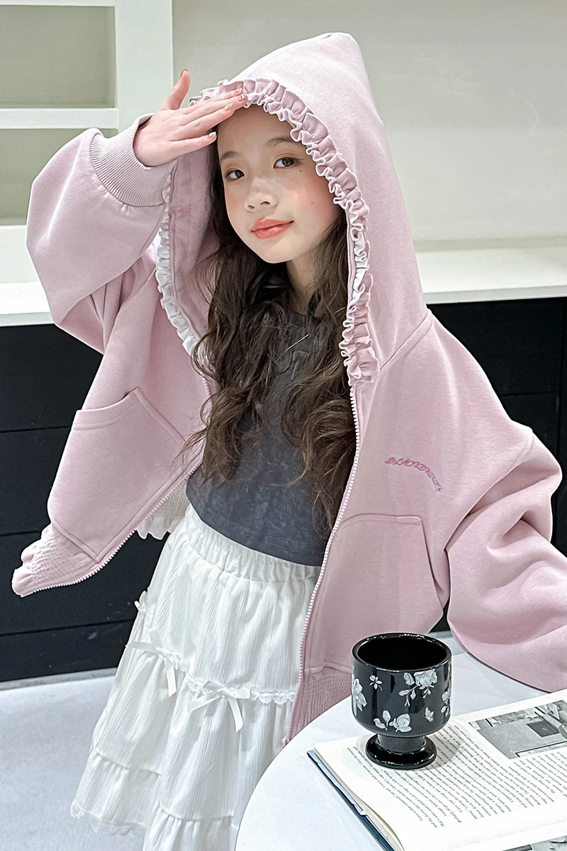 Mädchen Kapuzenpullover Frühling Herbst 2026 Neuer Stil Süßer Niedlicher Rüschenbesatz Reißverschluss-Mantel mit Taschen Kinderkleidung – Detail 16