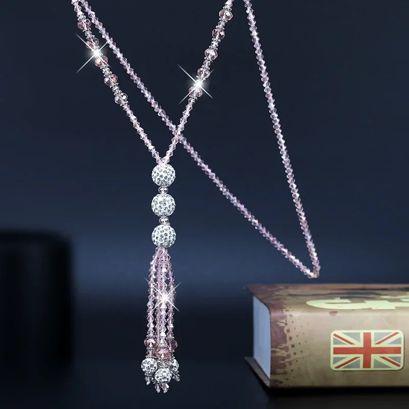 Korean Fashion Shiny Crystales Beads Long Tassel Necklace for Women Simple Sweater Chain Charm Female Party Jewelry