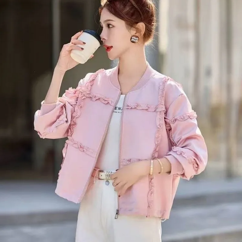 

Милая лоскутная укороченная куртка с рюшами, женское весенне-осеннее новое пальто, короткий топ, куртка-бомбер, толстовка на молнии в стиле Харадзюку, новинка