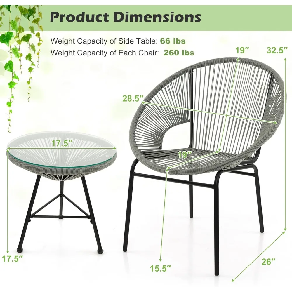 طقم أثاث خارجي مكون من 3 قطع مع كراسي على طراز Acapulco وحبل بلاستيكي وطاولة من الزجاج المقسى لبيسترو جميع الأحوال الجوية #5