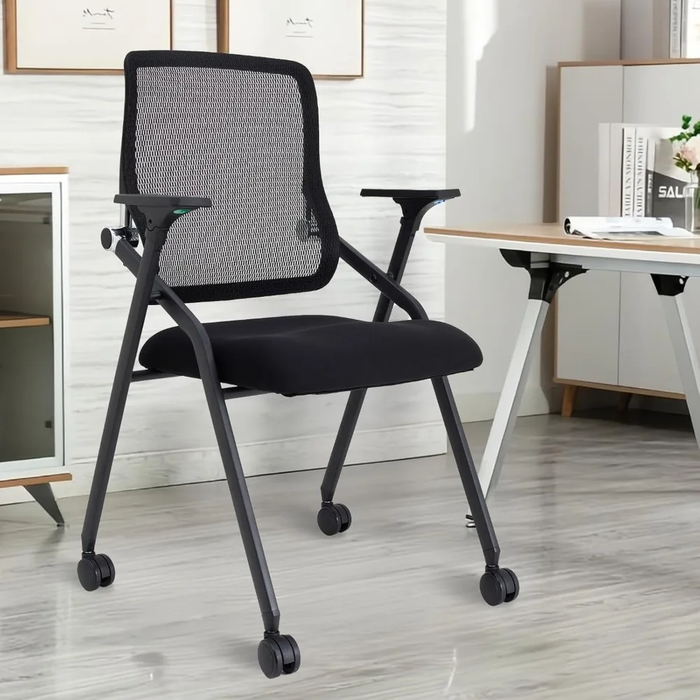 

Folding Office Desk Chair with Lumbar Support and Sliding Armrest, 2X Thick Cushion with Casters, Stackable Office Guest Chairs