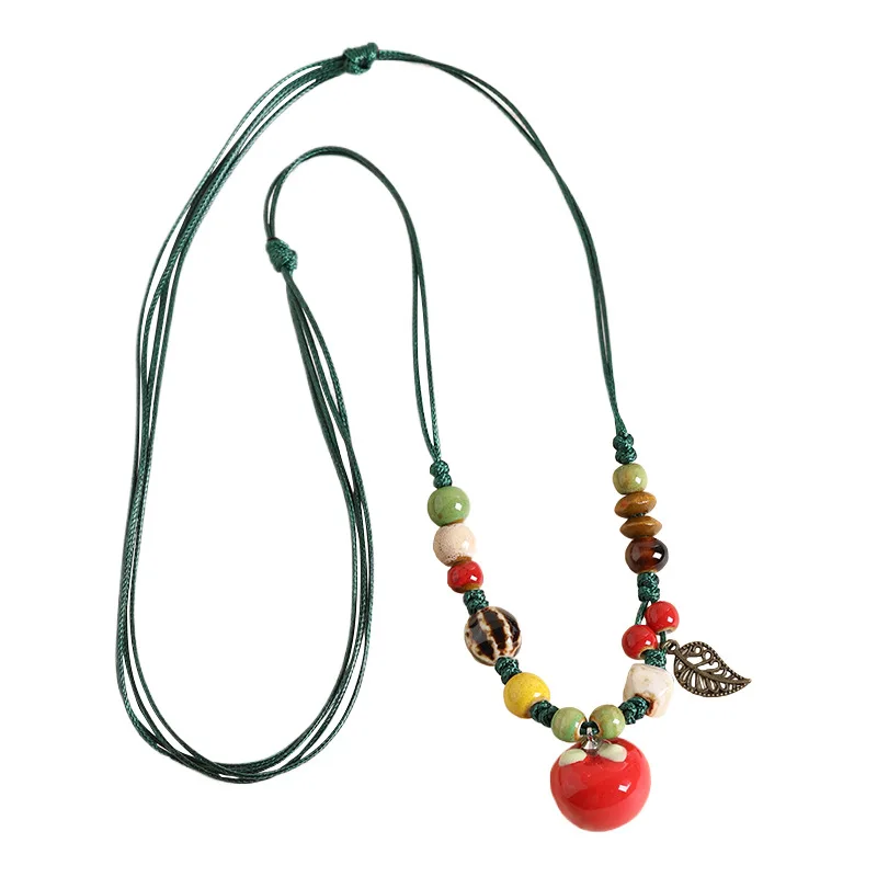 Cute Retro Fruit Ceramic Pendant Necklace Handmade Braided Rope Leaf Pendant Necklace Women Daily Holiday Jewelry Gift