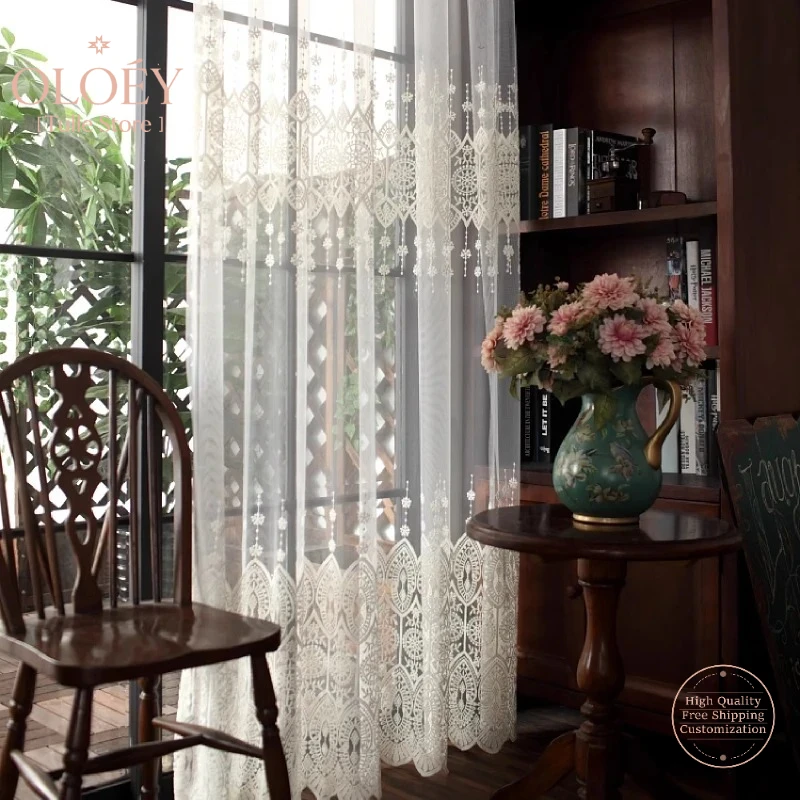 

Shutter Cream White Embroidered Screen Curtains for Living Room Bedroom Balcony Drifting Partition Window Natural Fiber Panels