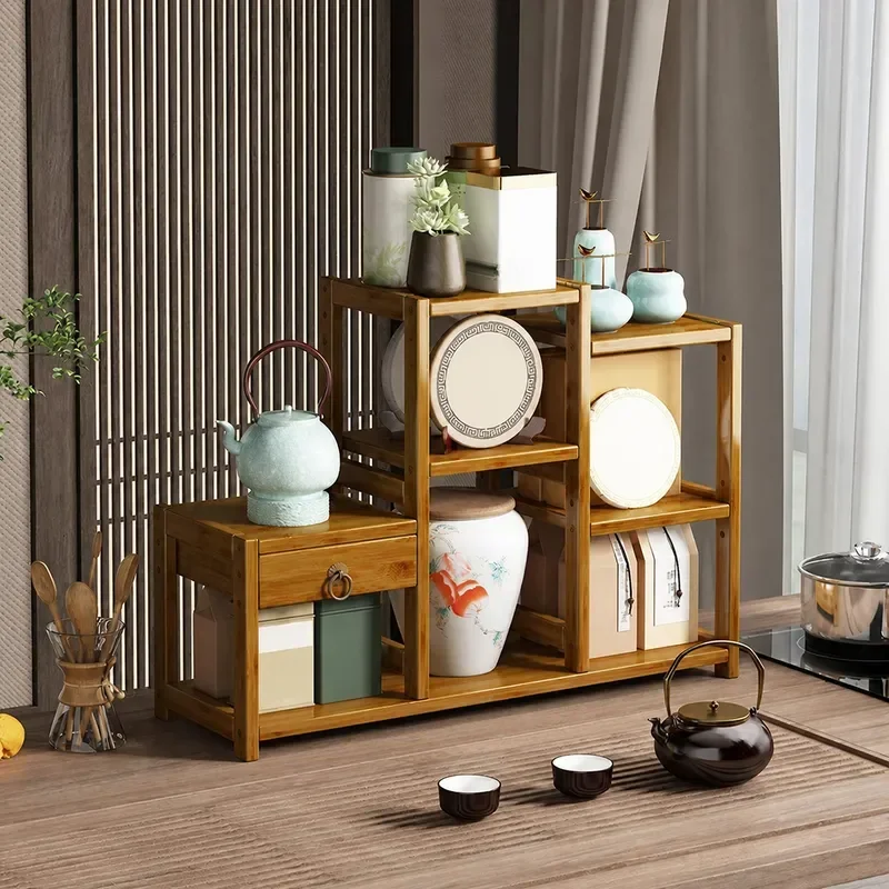 Chinese Desktop Storage Rack Solid Wood Tea Canister Holder Small Purple Clay Pot Tea Cup Set Display Stand Table Organizer
